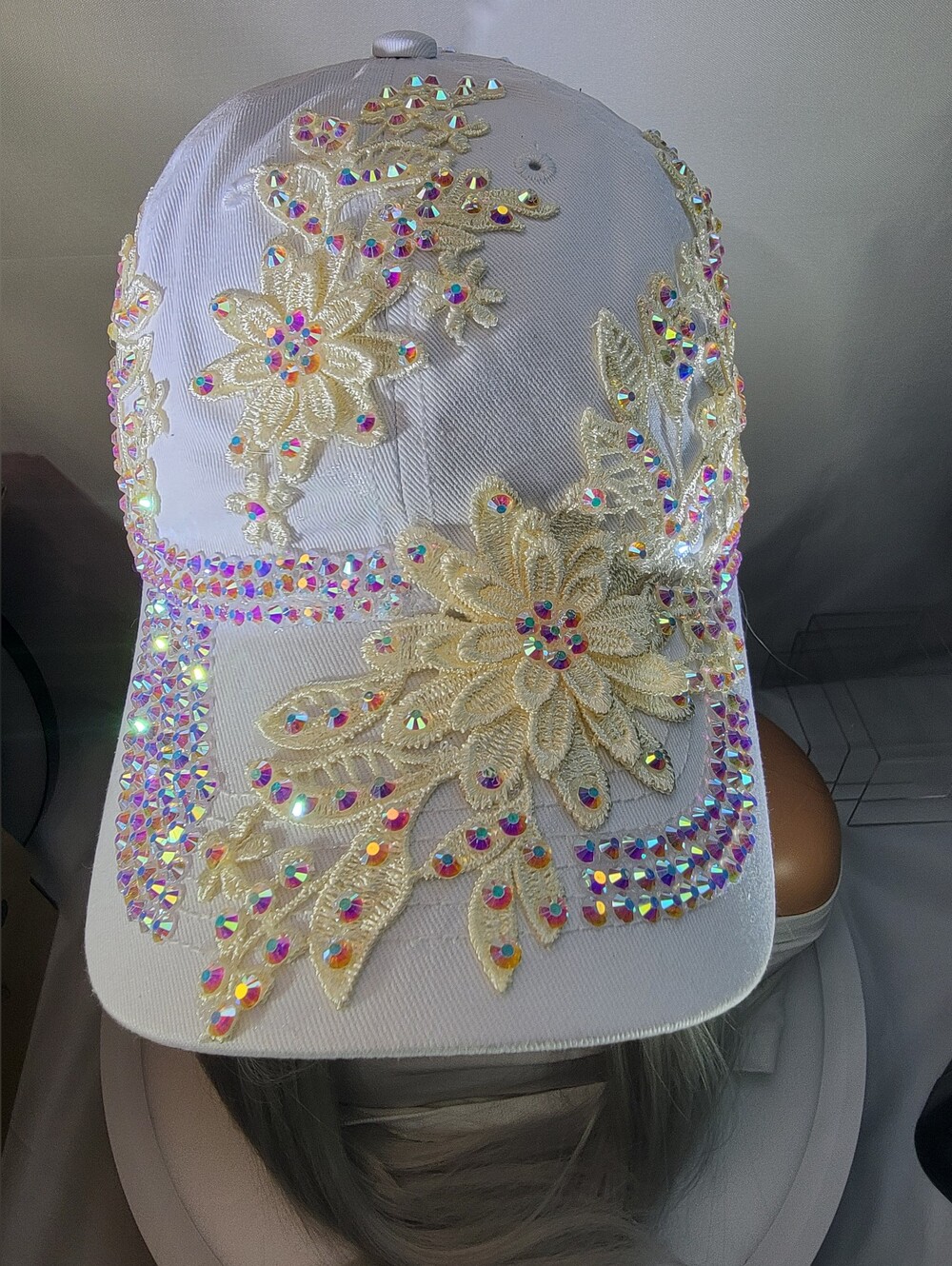 White Embellished Floral Rhinestone Baseball Cap